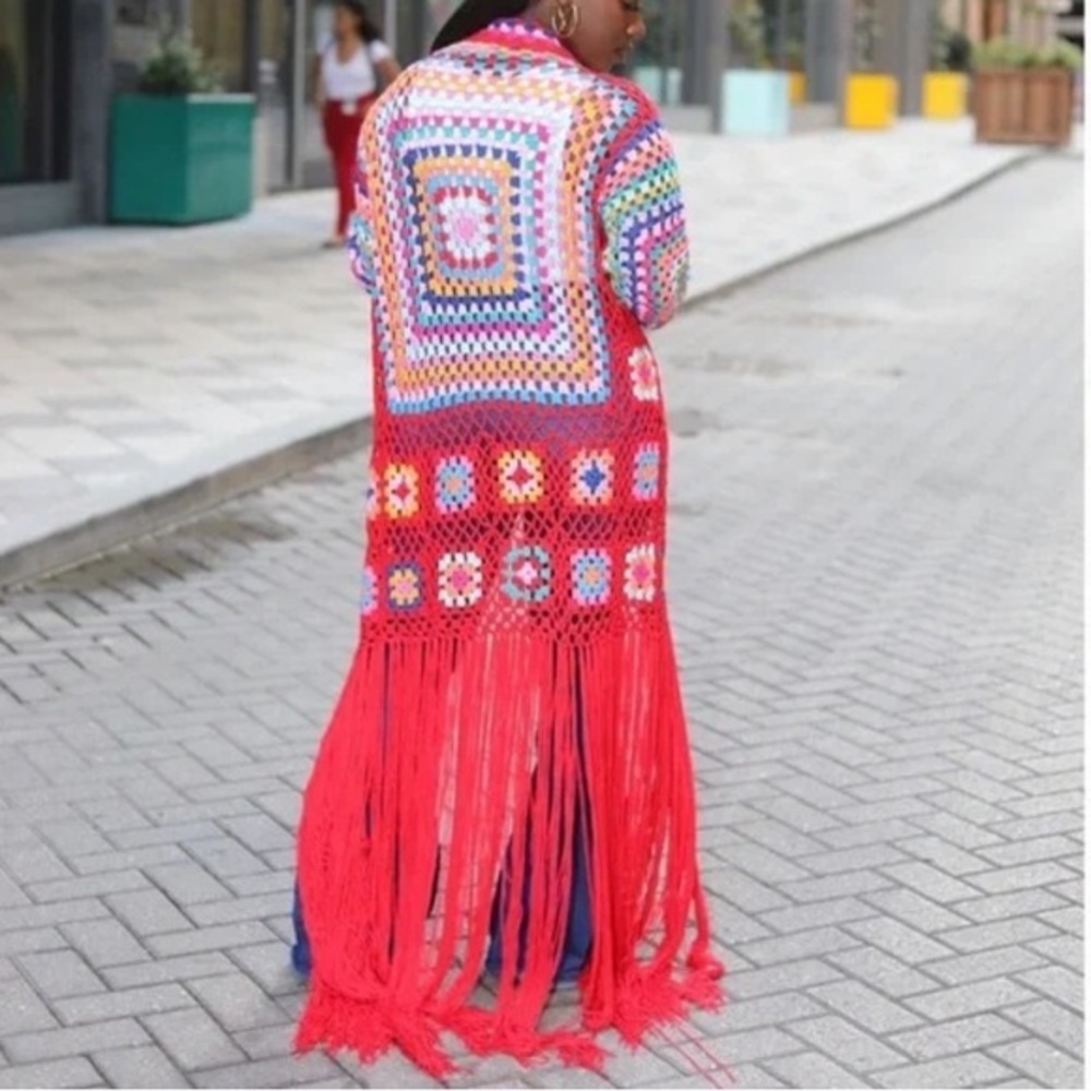 Retro Granny Square Colorful Crochet Long Fringe Cardigan - Picture 5 of 12